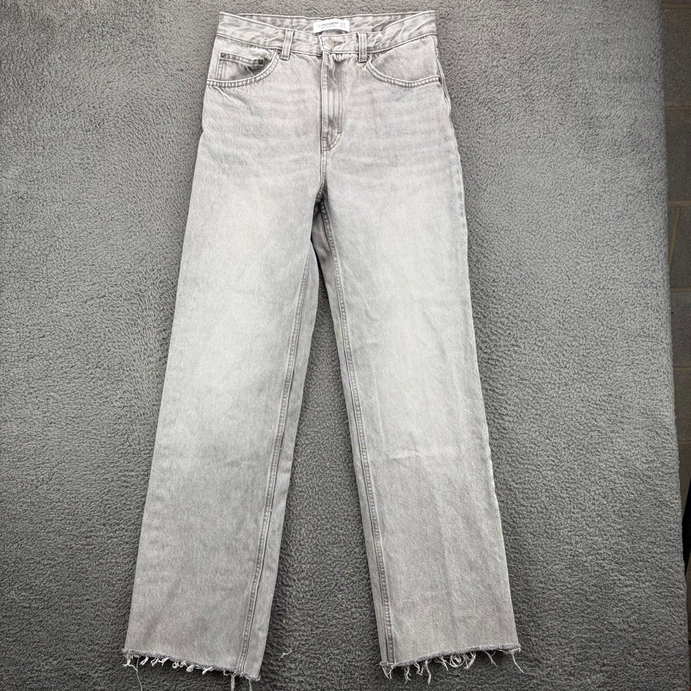 Pull&Bear Womens High‎ Waisted Wide Leg Jeans Grey Raw Hem Size 4 EUR 36 MEX 26